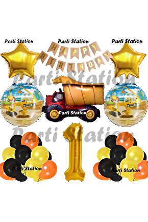 İnşaat Konsept Kamyon Balon Set 1 Yaş İnşaat Tema Kamyon Doğum Günü Balon Set