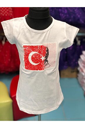 Atatürk ve bayrak çift taraflı payetli çocuk tşört
