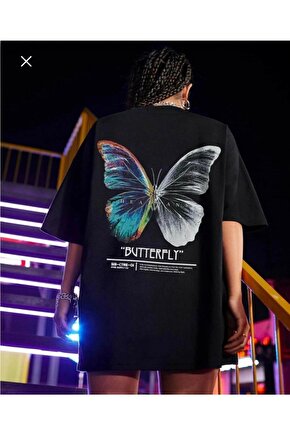 Kadın Oversize Siyah Kelebek Detaylı Tshirt