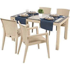 Yeni  70X120 Ratan Camlı Masa 4 Sandalye Takımı