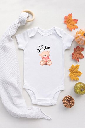 Organik %100 Pamuk Uzun Kollu Beyaz Happy Birthday Bebek Body Bebek Badi Çıtçıtlı Zıbın