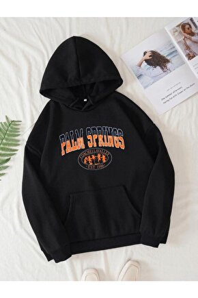 Kapşonlu Oversize Palm Springs Baskılı Siyah Sweatshirt