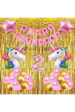 Gökkuşağı Unicorn Konsept 2 Yaş Balon Doğum Günü Set Gökkuşağı Altın Renk Unicorn Yaş Balon Set