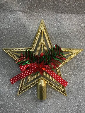 Yılbaşı Çam Ağacı Yıldız Tepelik Fiyonklu Gold 1 Adet 15 cm Plastik