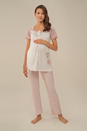 Kadın Çizgi Desen Nakış Detaylı Lohusa Pijama Takım