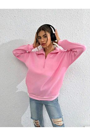 Kadın Yarım Fermuarlı Bebe Pembe Oversize Dik Yaka Sweatshirt