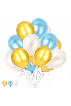 Metalik Balon 12  Inç 25 Adet Metalik Mavi Beyaz Gold Set
