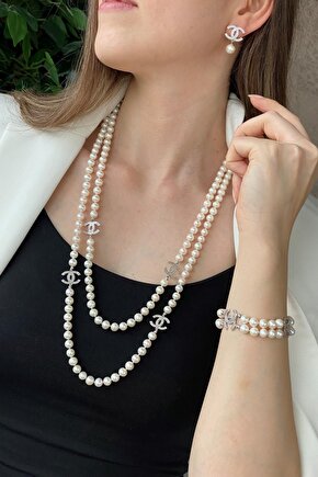 Birinci1926 925 Ayar Gümüş Kadın Düğümlü Gümüş Ara Parçalı İnci 3lü Set Kolye Bileklik Küpe