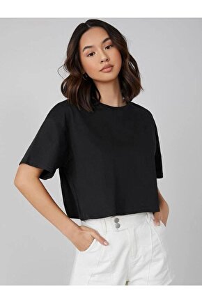 Kadın Oversize Siyah Bisiklet Yaka Crop