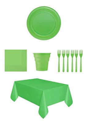 Yeşil Renk Plastik Tabak, Bardak, Çatal, Peçete Ve Tek Kullanımlık Masa Örtüsü Seti
