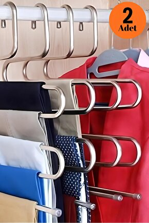 2 Adet 5 Bölmeli Metal Elbise Ve Pantolon Askısı - Giysi Eşarp Fular Düzenleyici Askı
