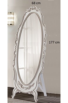 Hümas Dekoratif Eskitme Beyaz Oymalı Ahşap Oval Ayaklı Boy Aynası 177 x 68 cm