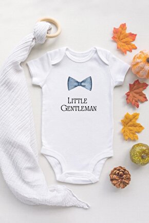 Little Gentleman Baskılı %100 Pamuklu Organik Baskılı Beyaz Bebek Body Zıbın Bebek Badi