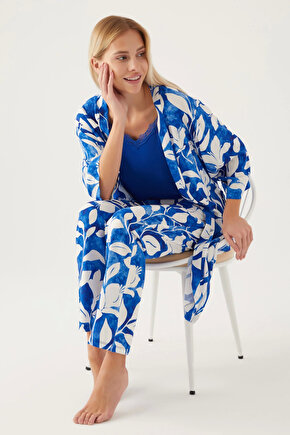 8835-s Kadın Çiçek Desenli Sabahlıklı Pijama Takımı