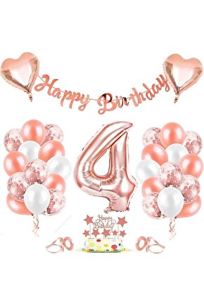 Rose Gold 4 Yaş Folyo Balon Seti Ve Happy Birthday Banner Rosegold Doğum Günü Parti Seti