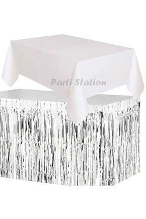 Masa Örtüsü ve Masa Eteği Plastik Beyaz Renk Masa Örtüsü Gümüş Renk Metalize Sarkıt Masa Eteği Set