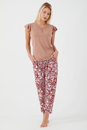 Floweres Kahverengi Kadın Kısa Kol Pijama Takım