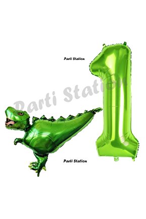 T-Rex Dinozor Konsept 1 Yaş Balon Set Dinozor Balon ve Yeşil Rakam Balon Doğum Günü Set