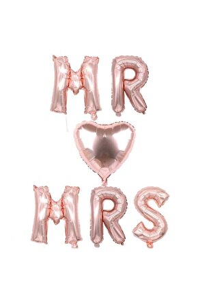 Mr Mrs Rose Gold 1 Adet Kalp Folyo Balon Set Bekarlığa Veda