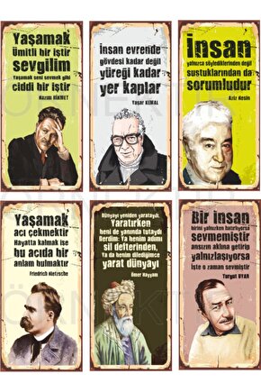 Nazım Hikmet, Yaşar Kemal, Aziz Nesin, Nietzsche, Hayyam, Turgut Uyar 6lı Mini Ahşap Poster Seti