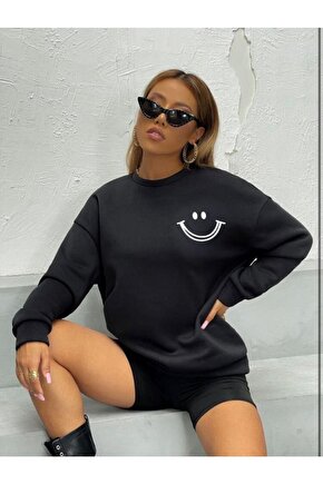 Oversize Siyah Gülücük Baskılı Sweatshirt