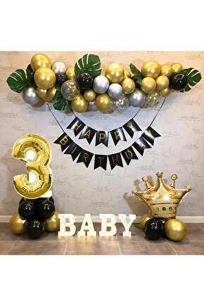 Kral Taçlı Balon Seti 3 Yaş Happy Birthday Zincir Balon Doğum Günü Seti