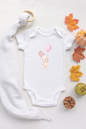 Balon Tutan Tavşan Organik Baskılı Bebek Body %100 Pamuklu Beyaz Bebek Badi Zıbın