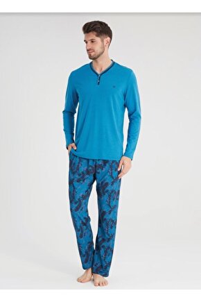 Erkek Uzun Kol Pijama Takımı 30342-mavi