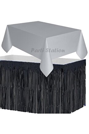 Masa Örtüsü ve Masa Eteği Set Plastik Gri Renk Masa Örtüsü Siyah Renk Metalize Sarkıt Masa Eteği Set