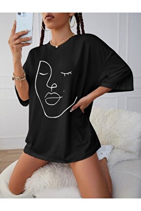 Oversize Kadın Siyah Baskılı Tshirt