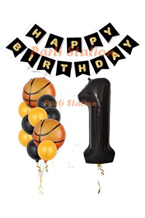 Basketbol Konsept 1 Yaş Siyah Balon Set Basketbol Tema Doğum Günü Balon Seti