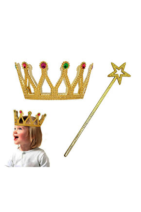 Çocuk Boy Kraliçe Prenses Tacı Ve Yıldız Peri Asası Altın Renk