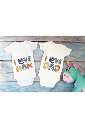 Özel Tasarım I Love Mom I Love Dad Anne Baba Ikili Bebek Body Beyaz Badi Zıbın