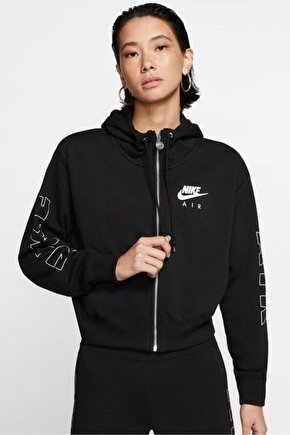 Air Sportswear Fleece Cropped Loose Fit Full Zip Hoodie Kapüşonlu Bol Sweatshirt Siyah