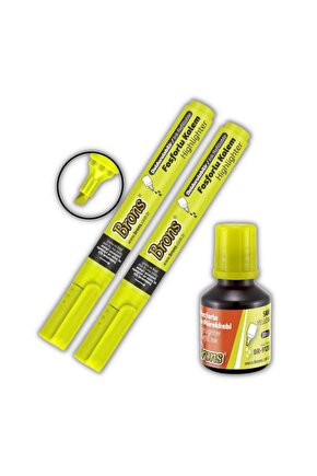 Fosforlu Kalem Sarı Doldurulabilir 2 Adet Ve Mürekkebi 30ml 1 Adet