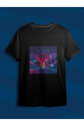 Vapor Wave City Baskılı Basic Siyah Tshirt