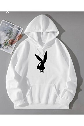 Oversize Unisex Kapşonlu Siyah Papyonlu Bugsbunny Tasarım Sweatshirt