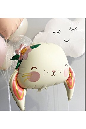 Sevimli Tavşan Folyo Balon Bunny Çiçekli Tavşan Konsept Folyo Balon 1 Adet 65x54 cm