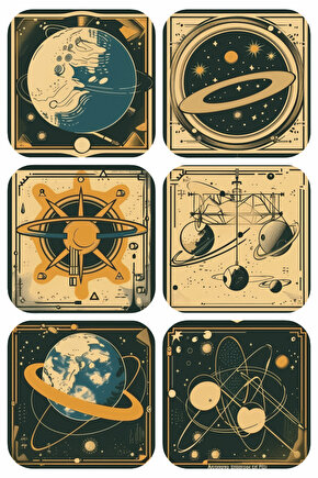 uzay bilim astronomi gezegenler temalı ev dekorasyon 6lı retro vintage ahşap bardak altlığı seti