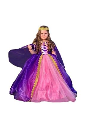 Rapunzel Kız Çocuk Elbise - Taçlı Pelerinli Tarlatanlı Rapunzel Kostüm - Disney Kostüm