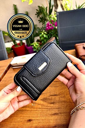 Lavinia Siyah Vegan Deri Kadın Cüzdan Fermuarlı Ve Mıknatıslı (16X9 CM)