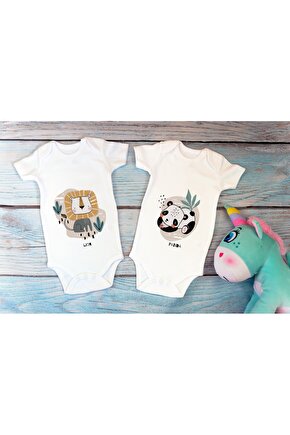 Özel Tasarım Lisanslı Sevimli Aslan Panda Ikili Bebek Body Beyaz 2li Bebek Zıbın
