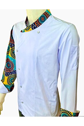 Beyaz Renk Geometrik Desenli Aşçı Ceket Chef Master Ceketi Mutfak kıyafeti Mutfak Uzun kollu Ceketi