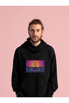 Vapor Wave Renkli Design Baskılı Tasarım 3 Iplik Kalın Siyah Hoodie Sweatshirt