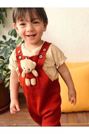 Ayıcıklı Düğmeli Bebek Çocuk Triko Salopet Kiremit