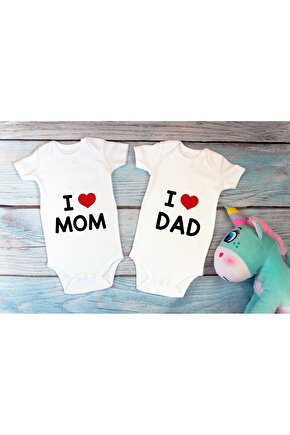Özel Tasarım I Love Mom I Love Dad Anne Baba Ikili Bebek Body Beyaz Badi Zıbın