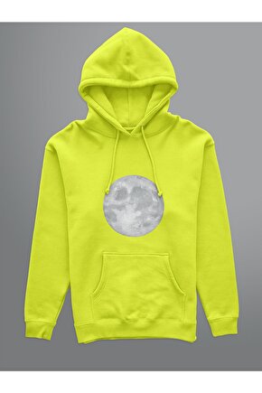 Dolunay Baskılı Oversize Fosforlu Sarı 3 Iplik Kalın Sweatshirt Hoodie