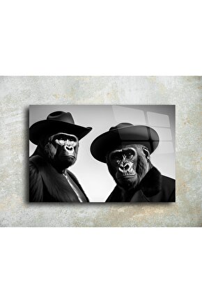 Şapkalı Goril Cam Tablo Duvar Dekoru