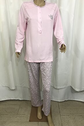 Kadın Uzun Kollu Patlı Pijama Takım-14199-pembe