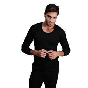 HASYÜN BORA SİYAH ERKEK UZUN  KOLLU  DON TAKIM İÇLİK DOĞAL YÜN 
